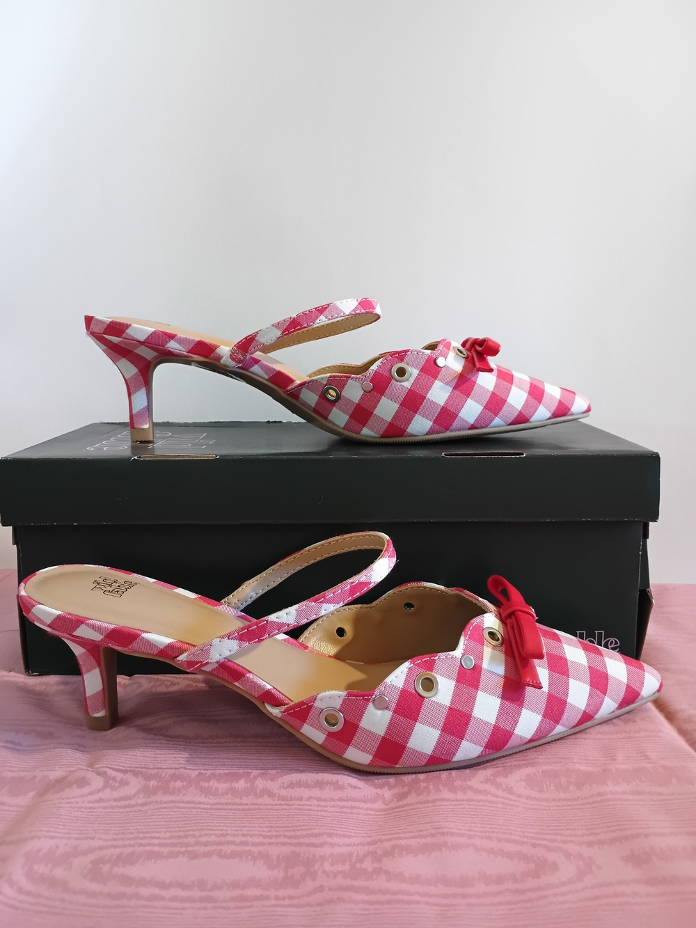 Red Gingham Pointed-Toe Slingback Heels